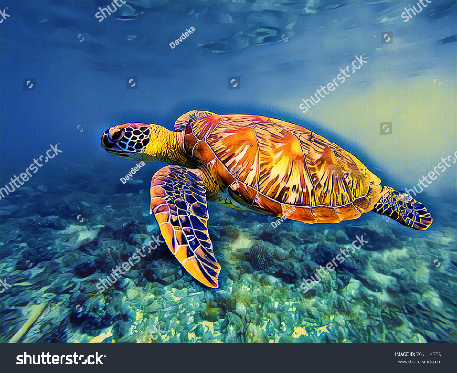 青い海水のデジタルイラストに海亀 熱帯のラグーンの鮮やかな水中風景 ウミガメのビンテージ芸術のポスター 熱帯海岸野生生物 海産動物の緑亀 海亀 の イラスト素材