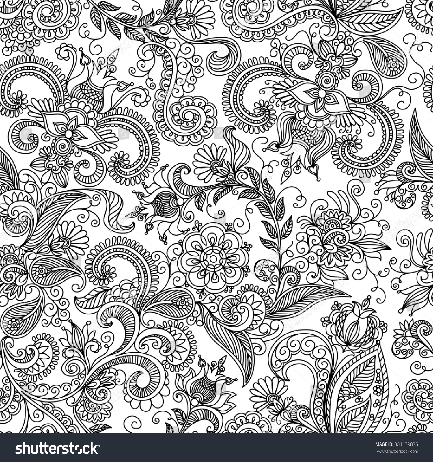 Seamless Black And White Pattern Of Spirals, Swirls, Doodles Stock ...