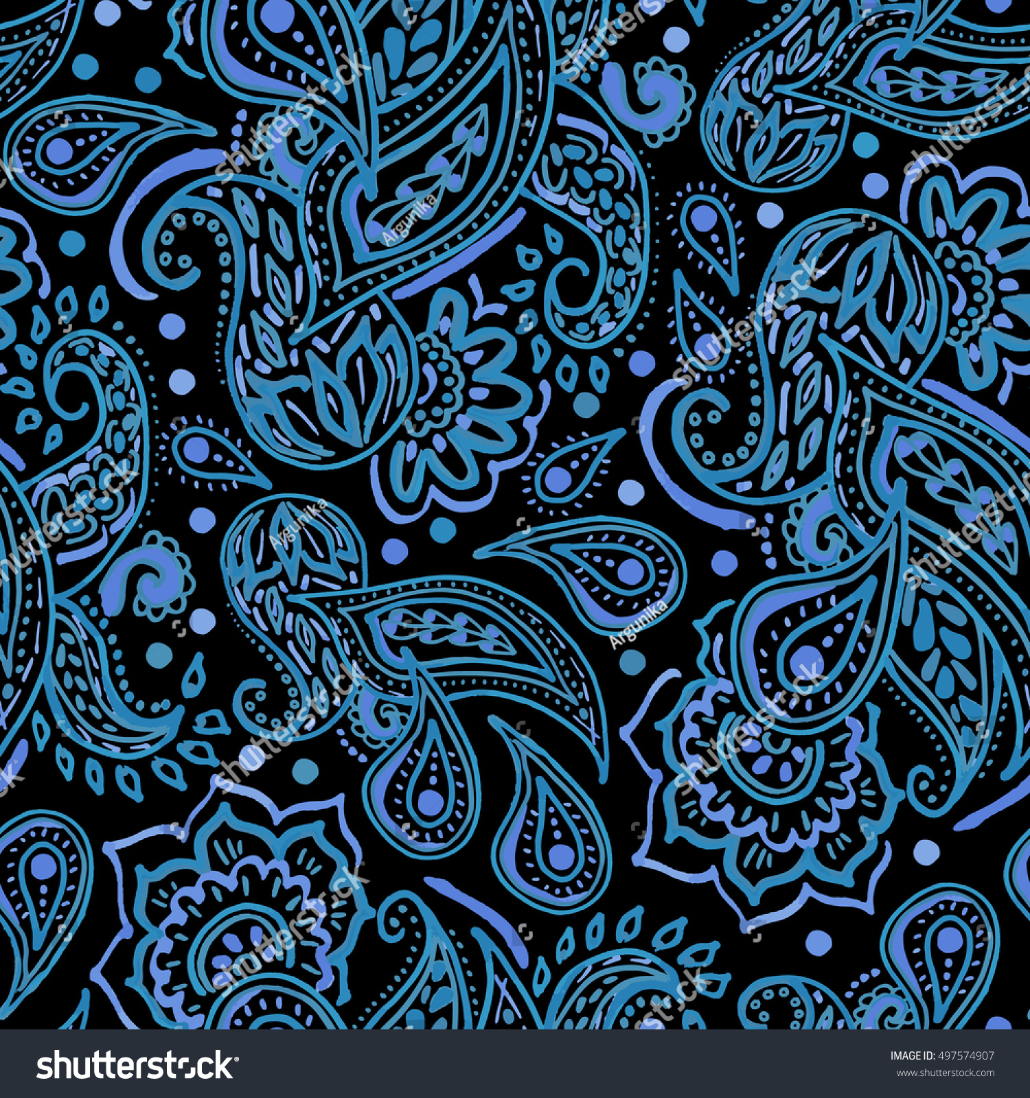 Seamless Blue Paisley Pattern On Black Stock Illustration 497574907