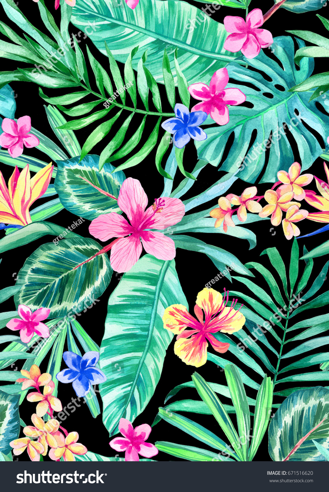 シームレスな手描きの水彩の熱帯柄 花柄の鮮やかなハワイの夏のデザイン ハイビスカス プルメリア フランジパニ の花 および熱帯の葉 のイラスト素材