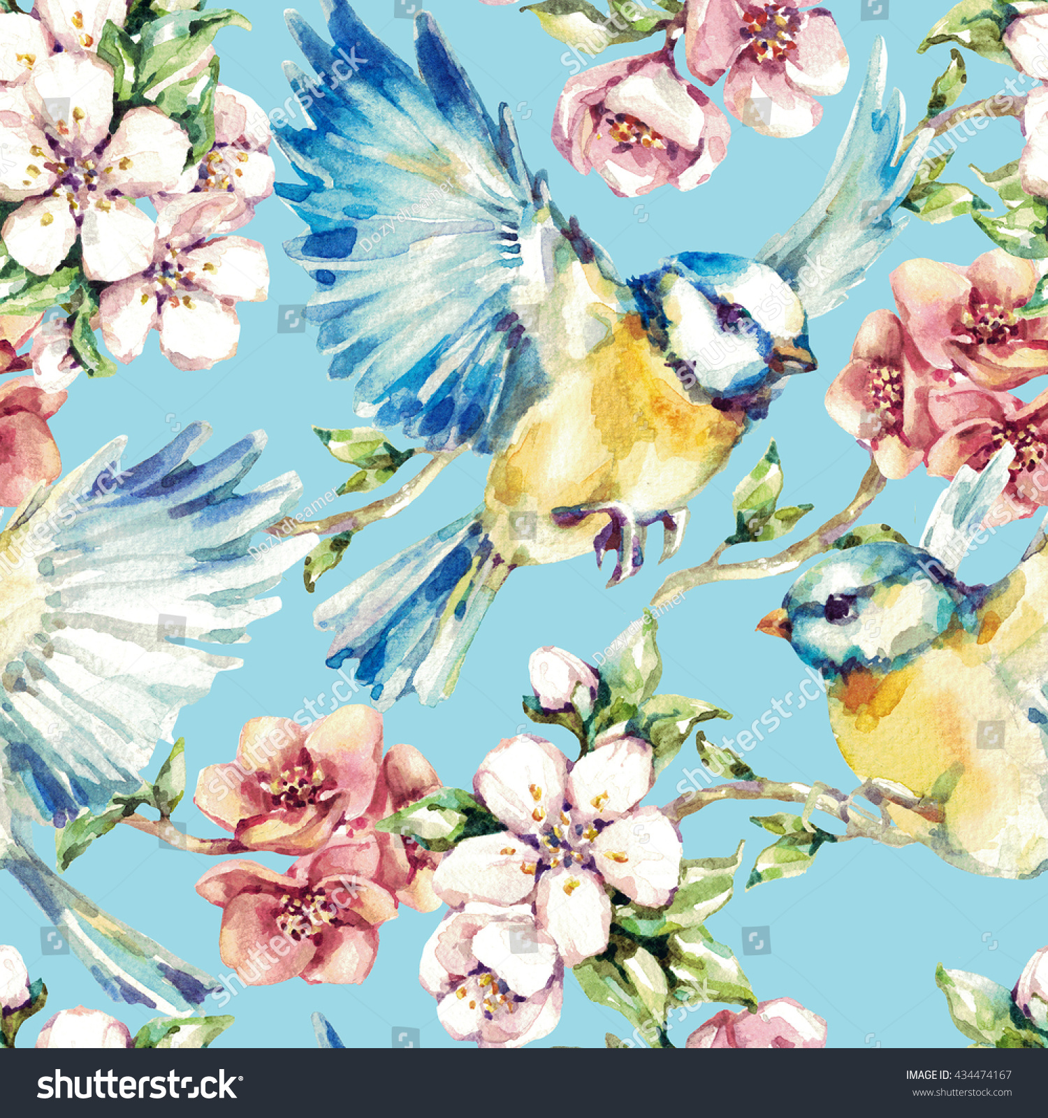 Seamless Pattern Beautiful Watercolor Tit Birds Stock Illustration