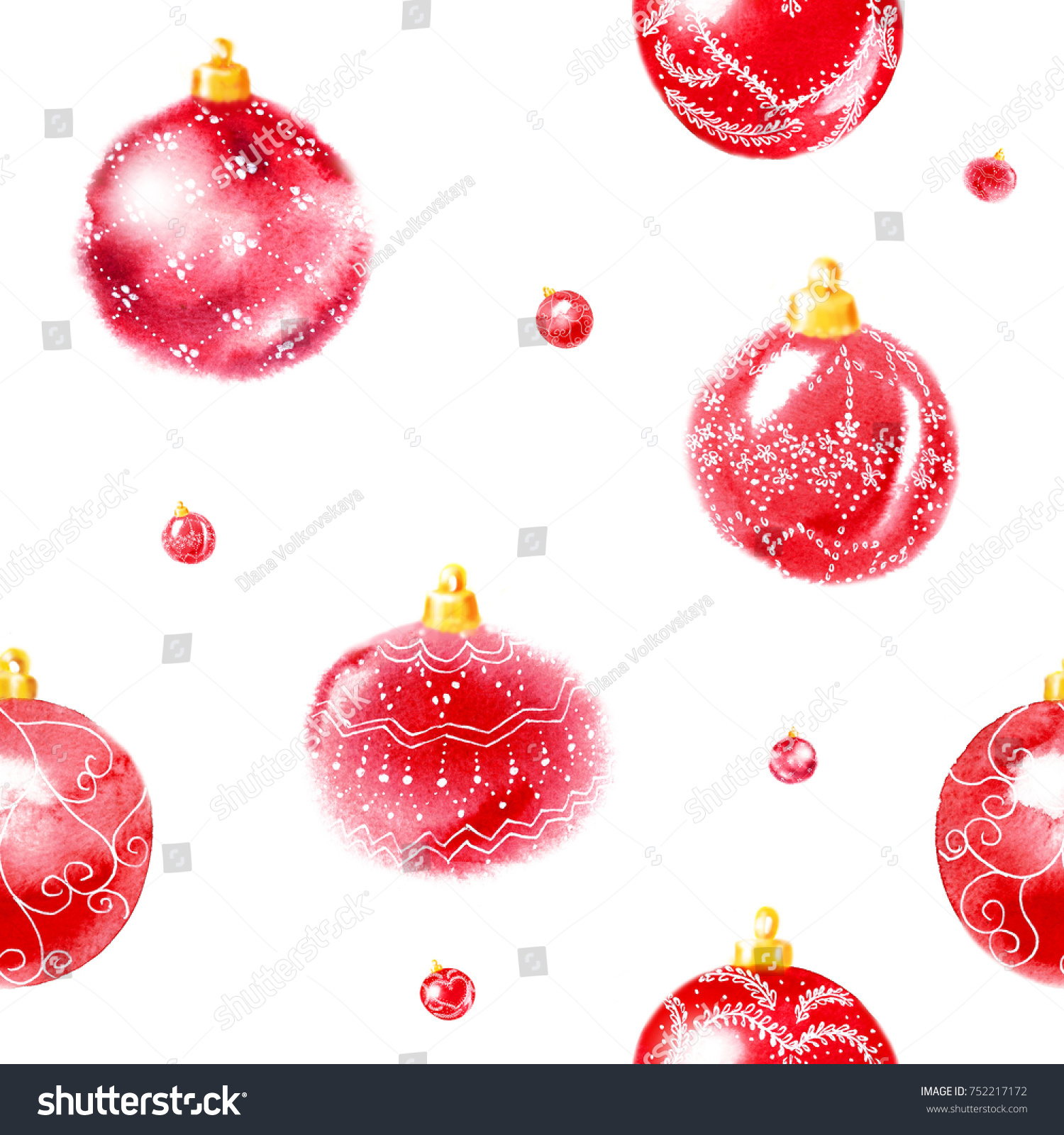 Seamless Pattern From Big And Small Red Christmas Tree Balls With Ornaments Watercolor Painting Seamless Pattern From Big And Small Red Christmas Tree Balls With Ornaments Watercolor Painting