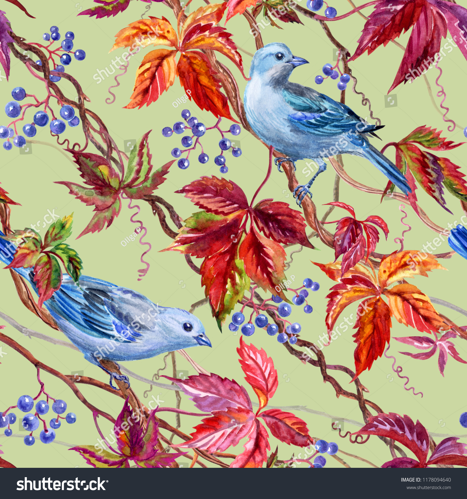 Seamless Pattern Blue Birds Wild Grapes Stock Illustration 1178094640