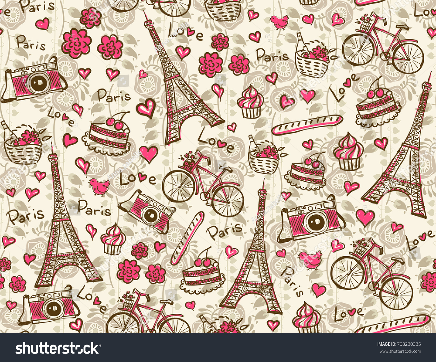 Seamless Pattern Eiffel Tower Baguette Bike Stock Illustration ...