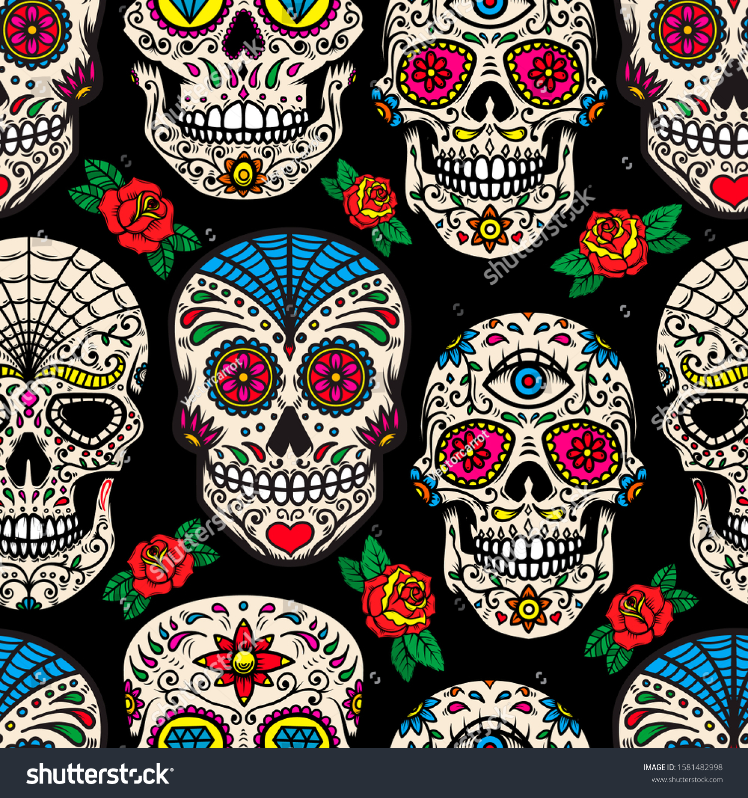 Seamless Pattern Mexican Sugar Skulls Roses のイラスト素材