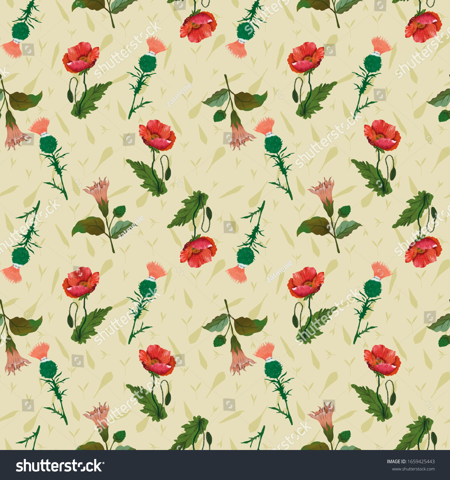 Seamless Pattern Poppy Thistle Datura Flower Stock Illustration Shutterstock