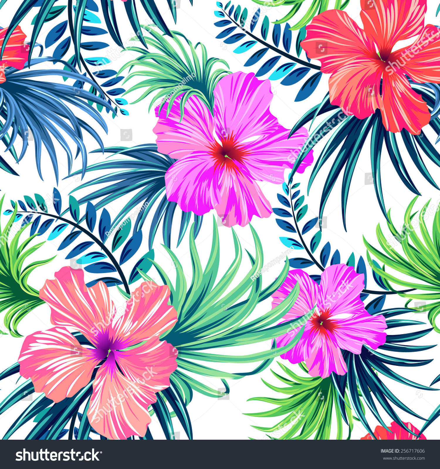 Seamless Tropical Floral Pattern. Hibiscus And Palm Leaves On White ...