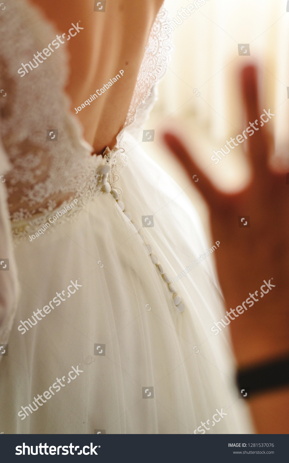 Seamstress Buttoning Pretty Wedding Dress Elegant Stock Photo