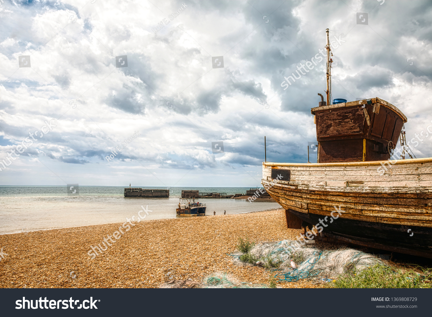 Print on Canvas Beautiful sunrise old wooden fishing boat on pebble beach 30x20" 