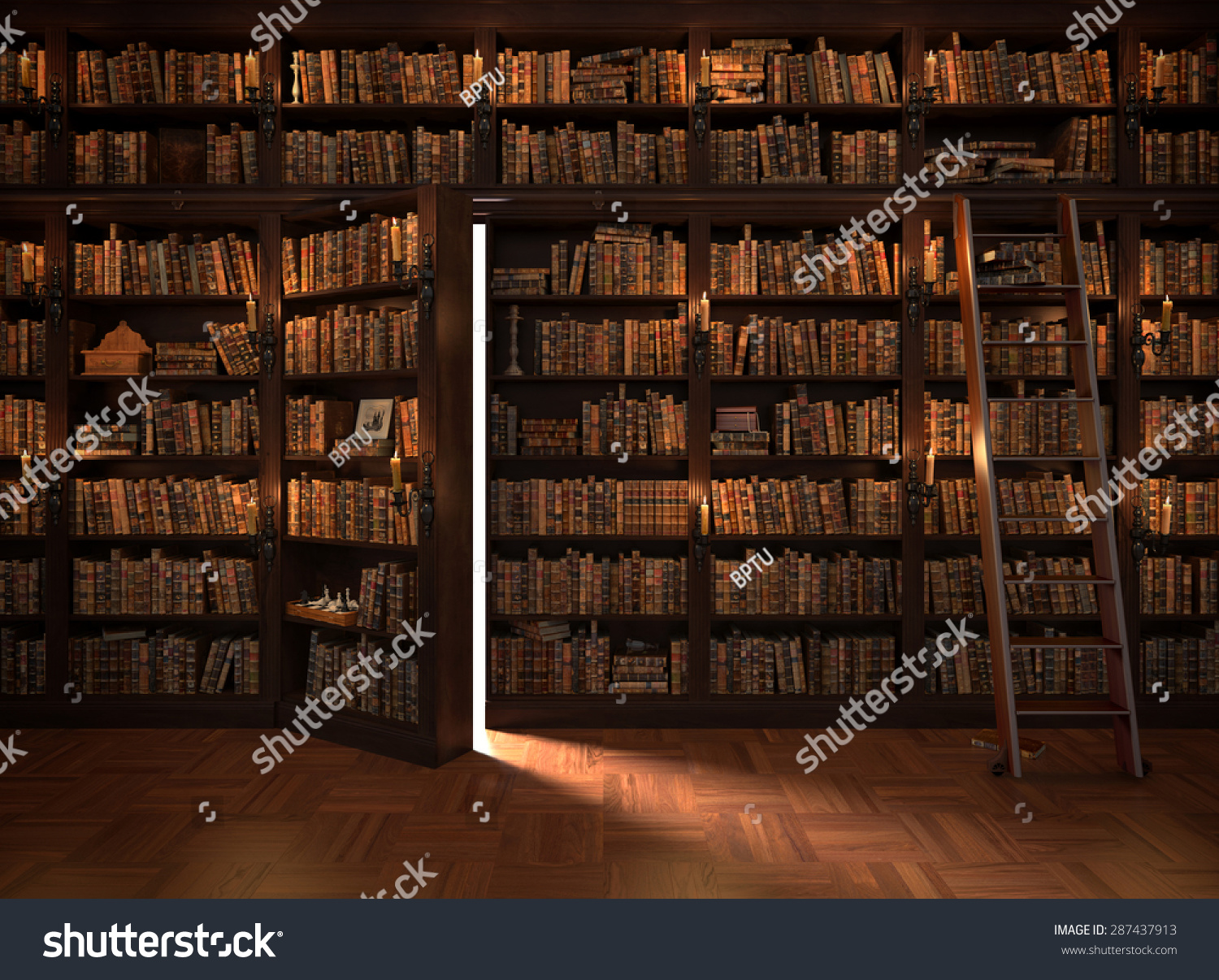 Secret Door In The Bookcase. Mysterious Library With Candle Lighting ...