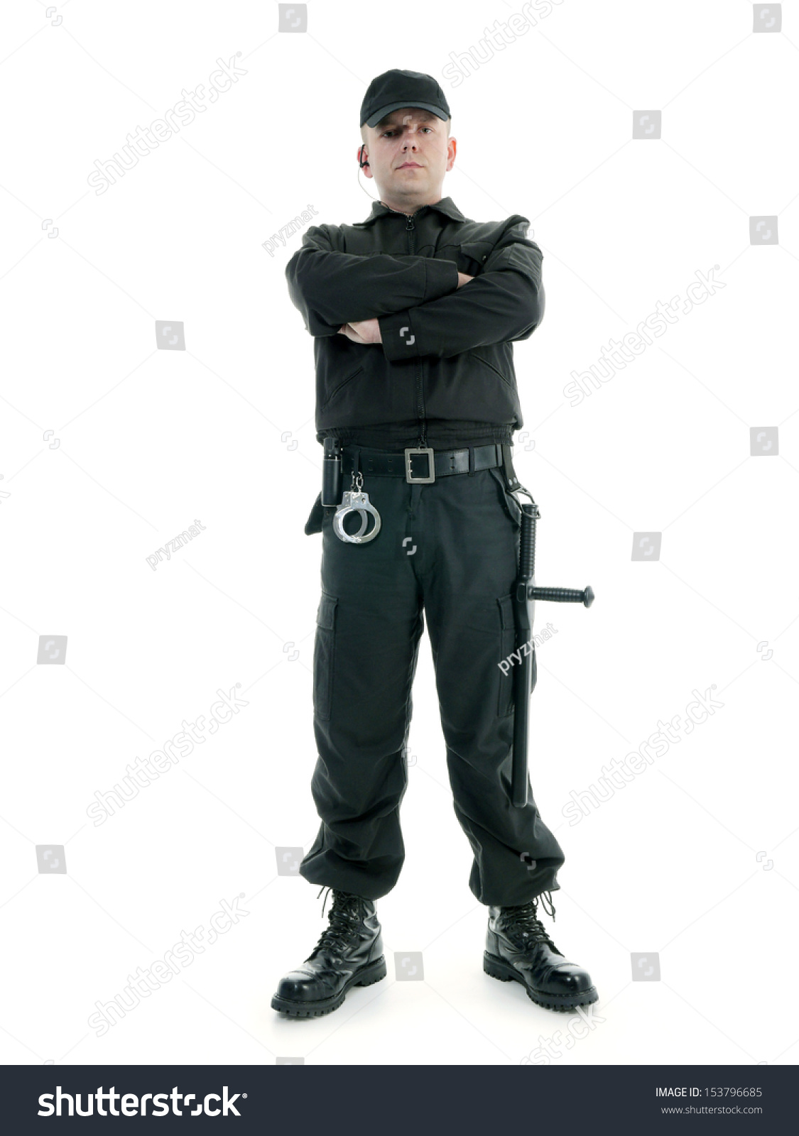 Security Man Wearing Black Uniform Equipped Stock Photo 153796685 ...