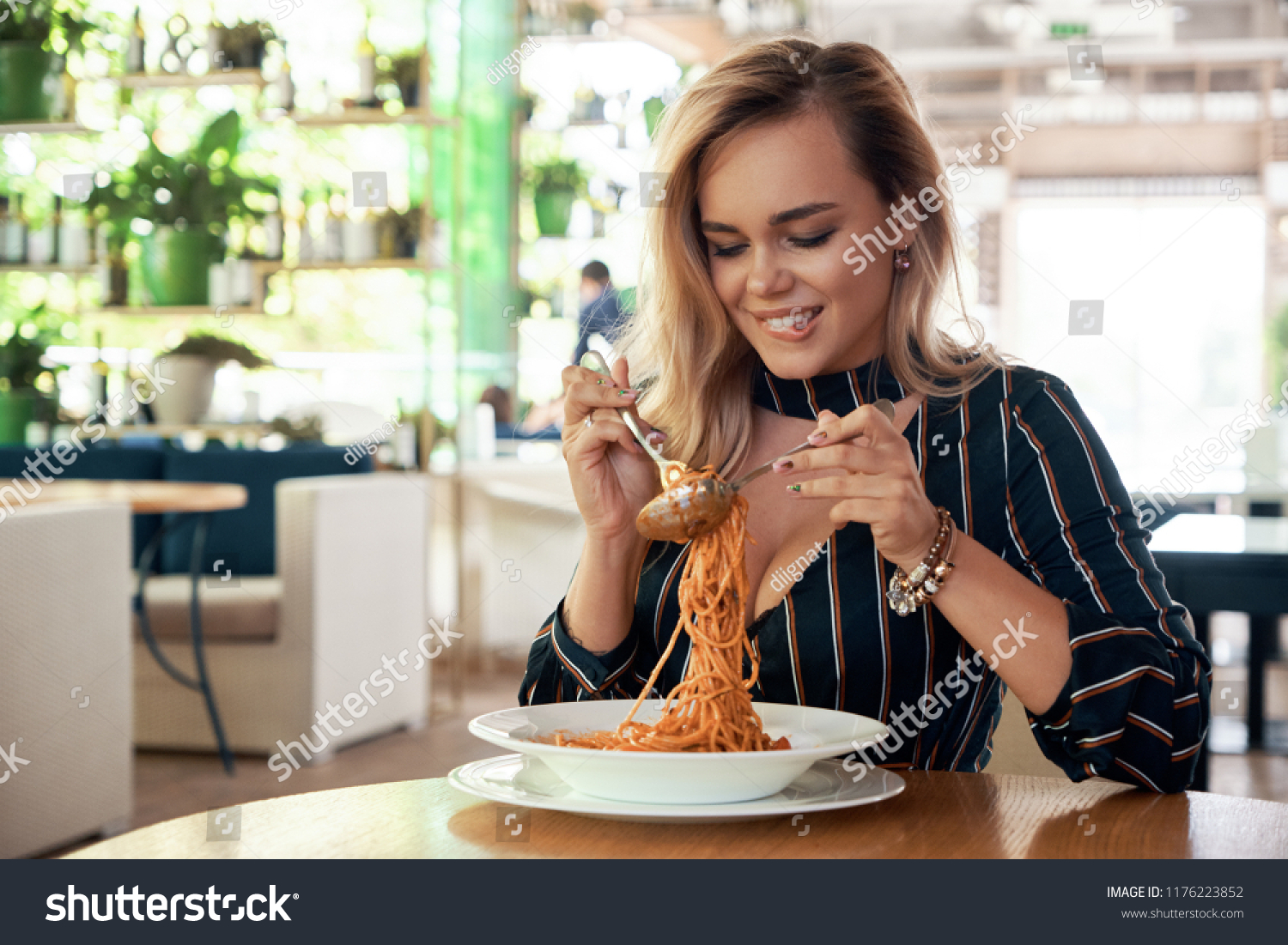 Sensual Woman Rolling Spaghetti Keeping On Stock Photo Shutterstock