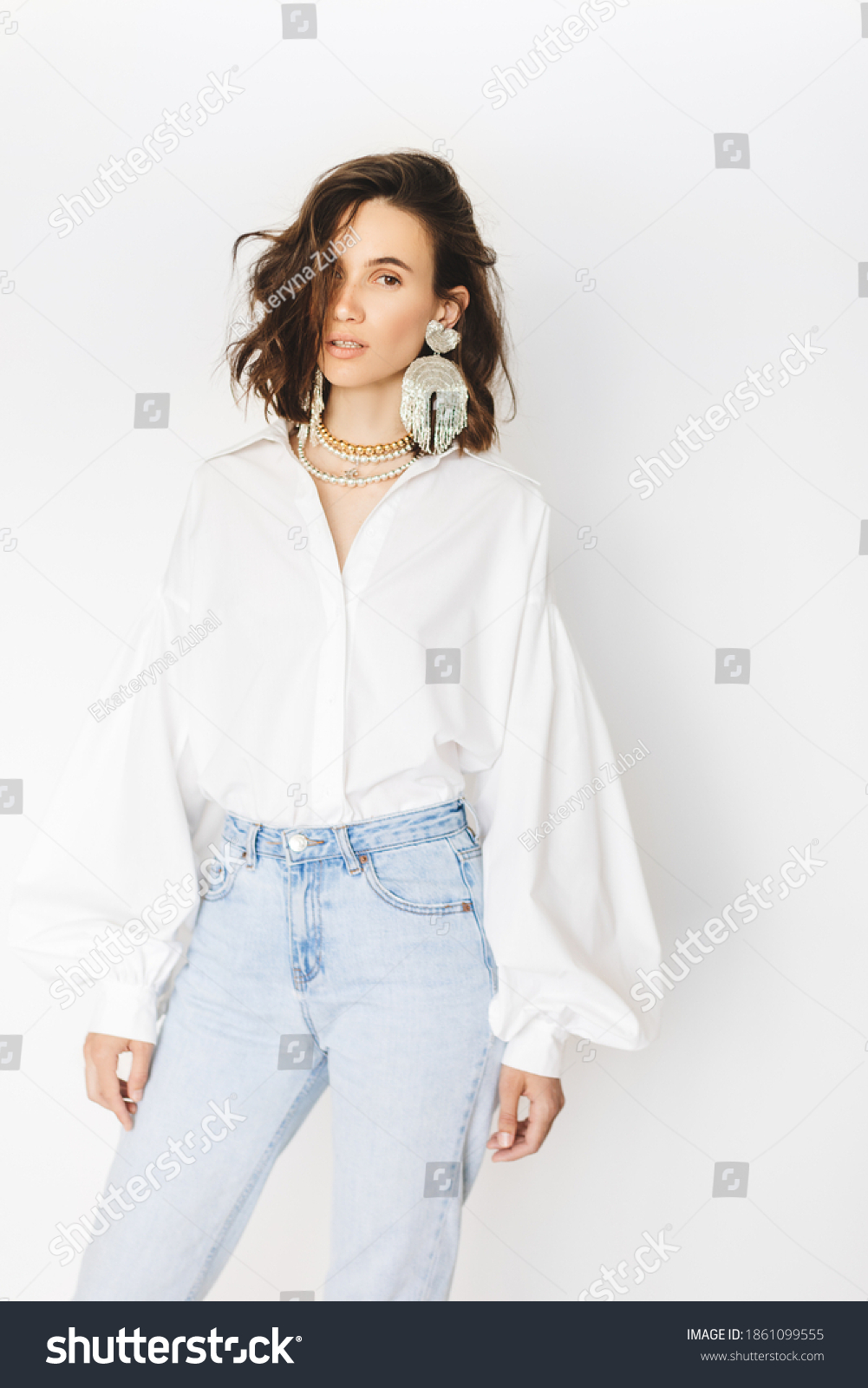 white shirt with denim sleeves