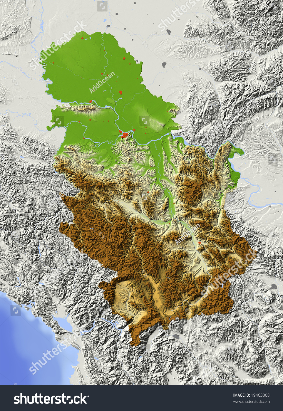 Serbia (Including Kosovo). Shaded Relief Map With Major Urban Areas ...