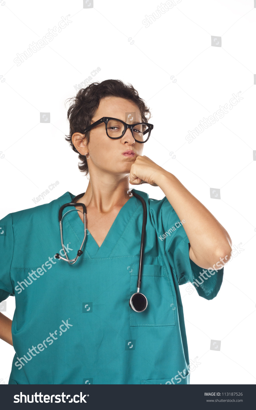 Serious Doctor Green Uniform Studio White Stock Photo 113187526