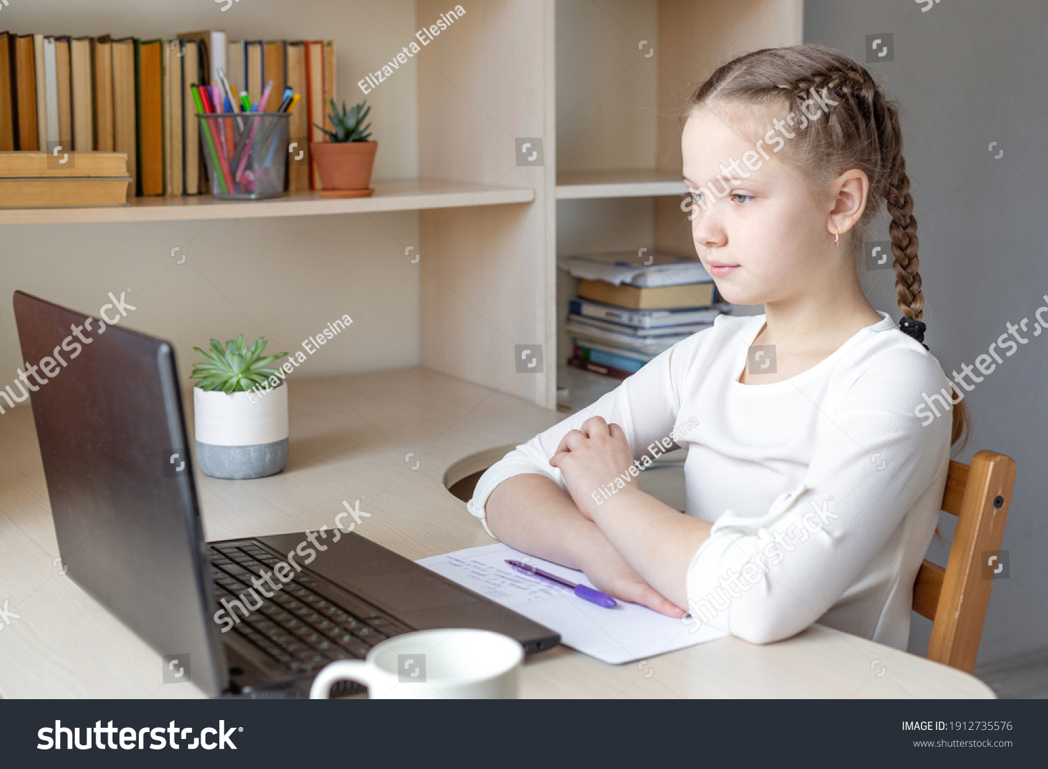 Serious Schoolgirl Looks Laptop Screen Distance Stock Photo 1912735576 ...