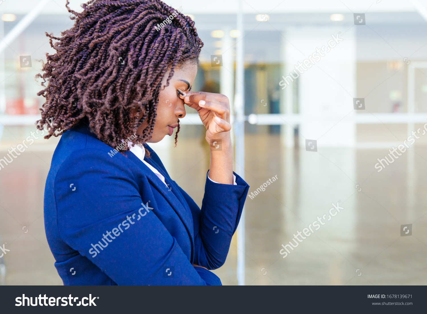 Serious Upset Female Employee Thinking Over Stock Photo 1678139671