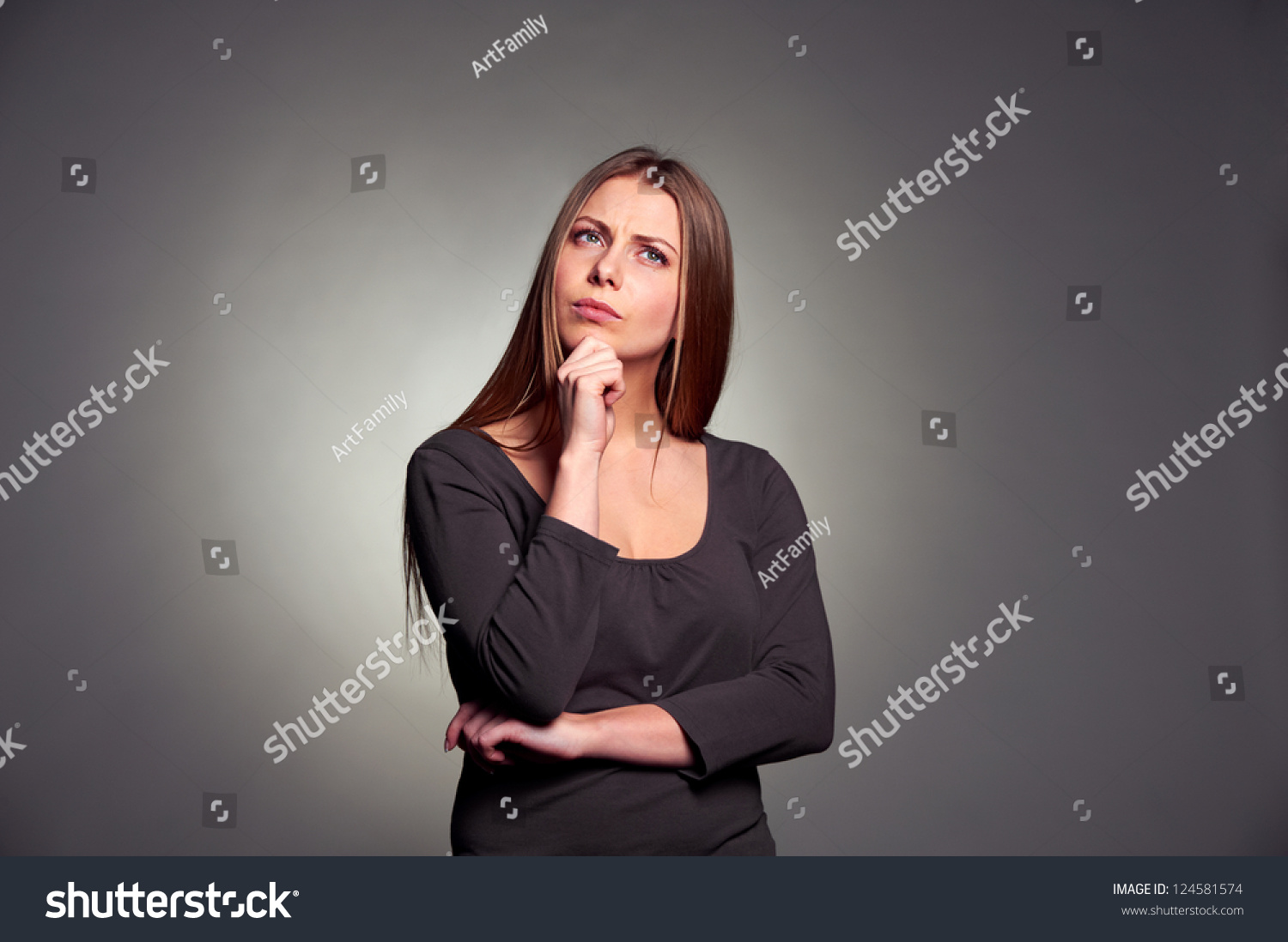  Dark Gray Classic  Template Design Featuring Serious Young Woman Pondering Over Something