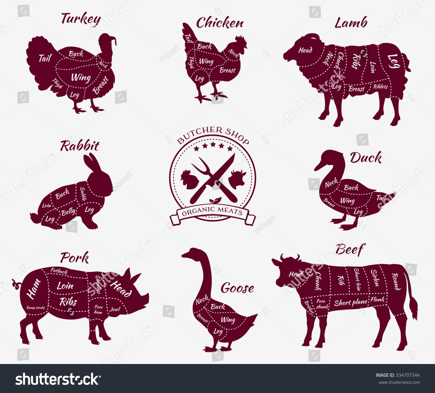 Set A Schematic View Of Animals For Butcher Shop. Cow And Pork, Cattle ...