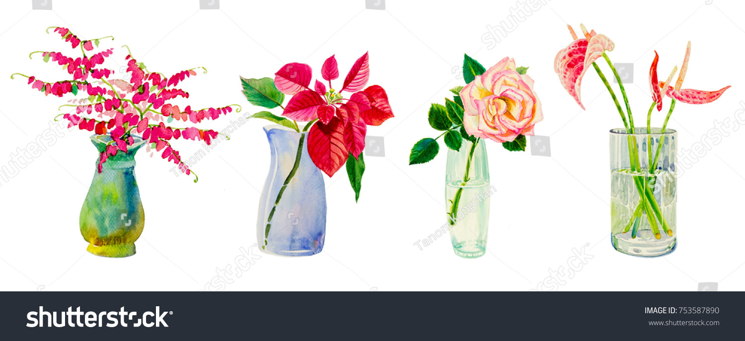 Set Flowers Vases Watercolor Painting Flower Stock Illustration