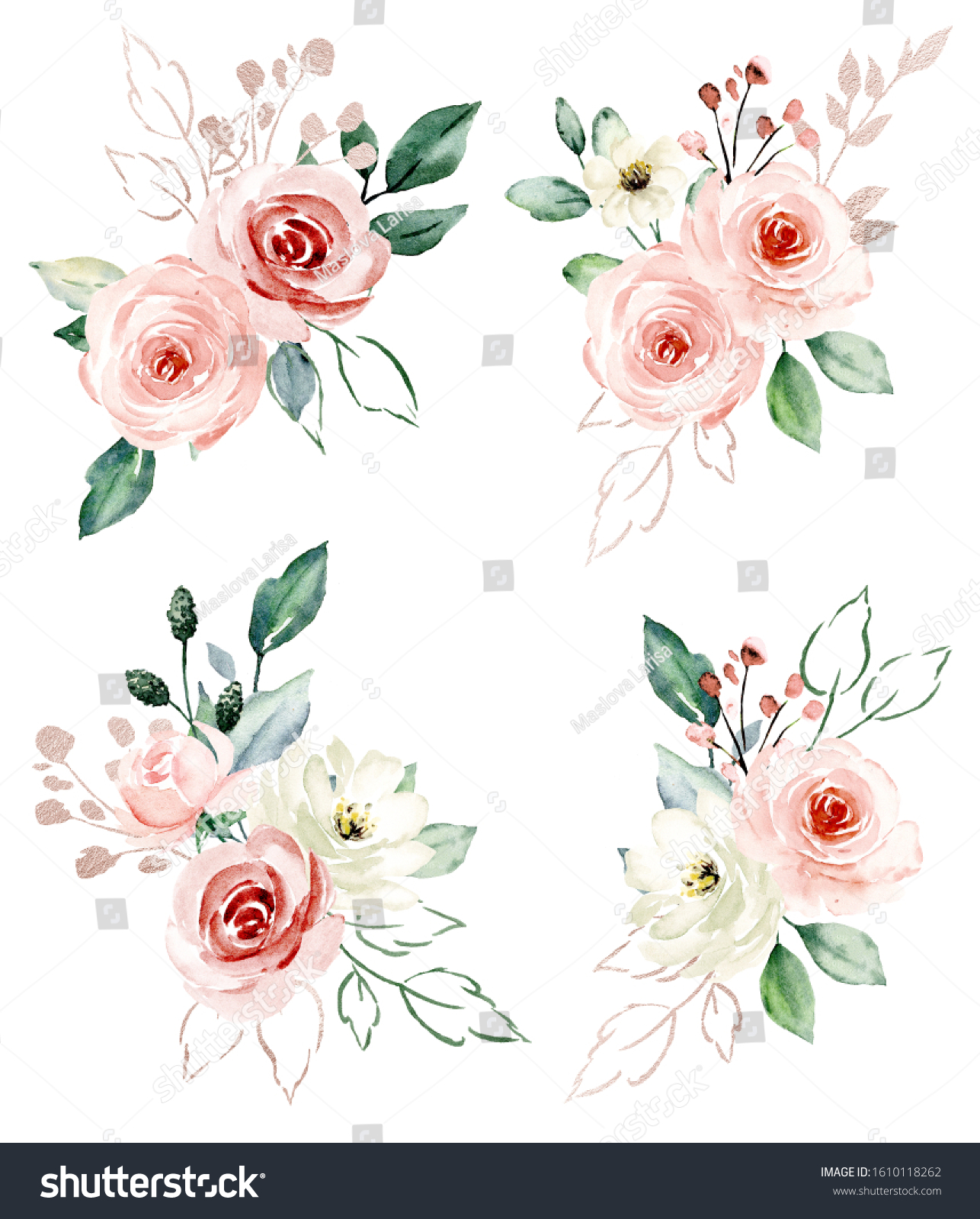 Set Flowers Pink Watercolor Floral Blossom Stock Illustration 1610118262
