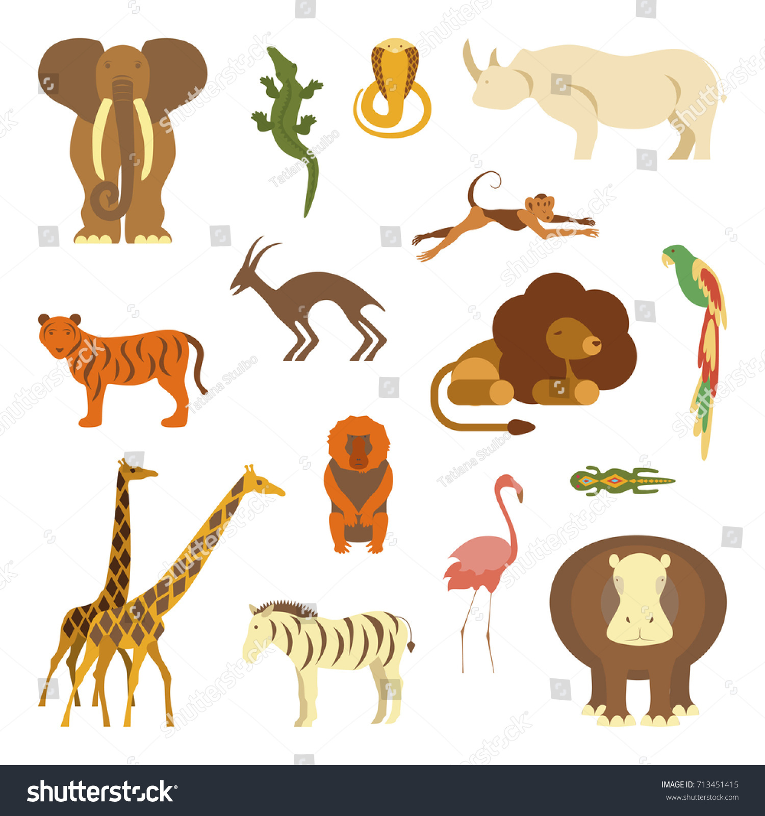 Set African Animals Elephant Crocodile Cobra Stock Illustration ...