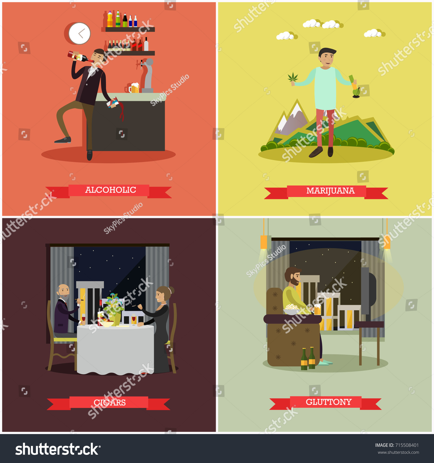 Set Of Bad Habits Posters Alcoholic Marijuana Cigars And Gluttony Concept Flat Style Set Of Bad Habits Posters Alcoholic Marijuana Cigars And Gluttony Concept Flat Style