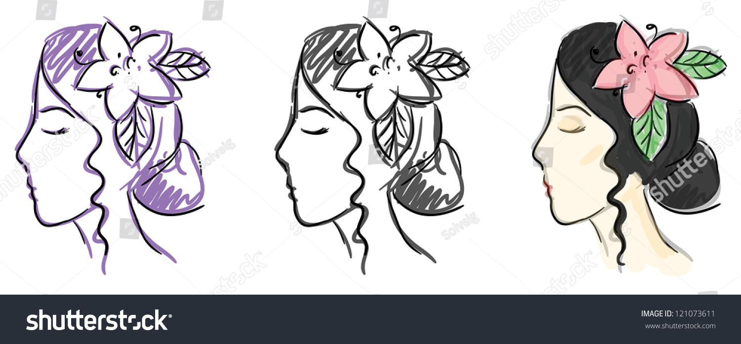 Set Beautiful Woman Face Sketches Stock Illustration 121073611