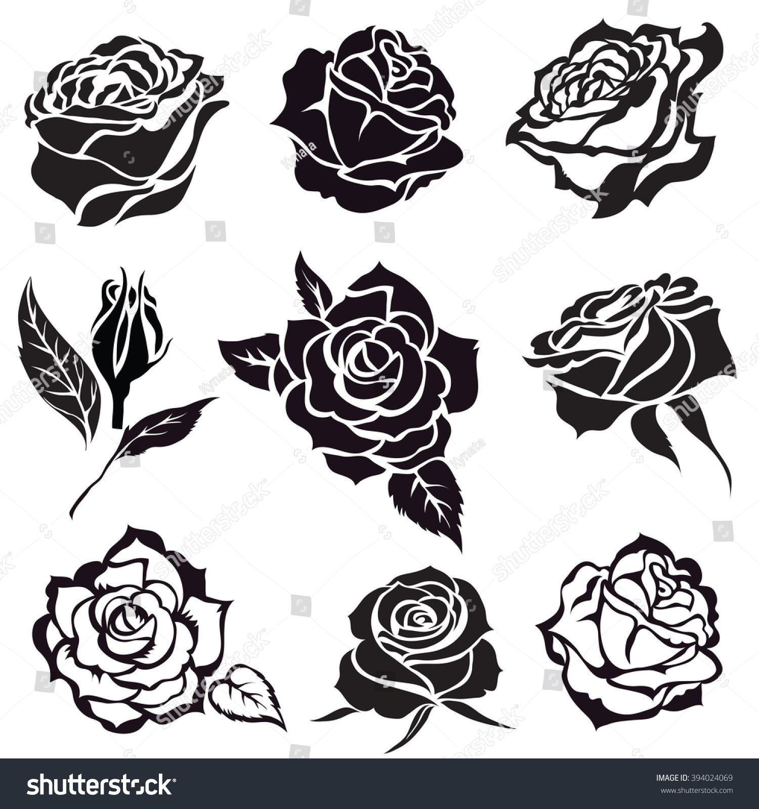 Set Black Rose Flower Design Elements Stock Illustration 394024069 Shutterstock 