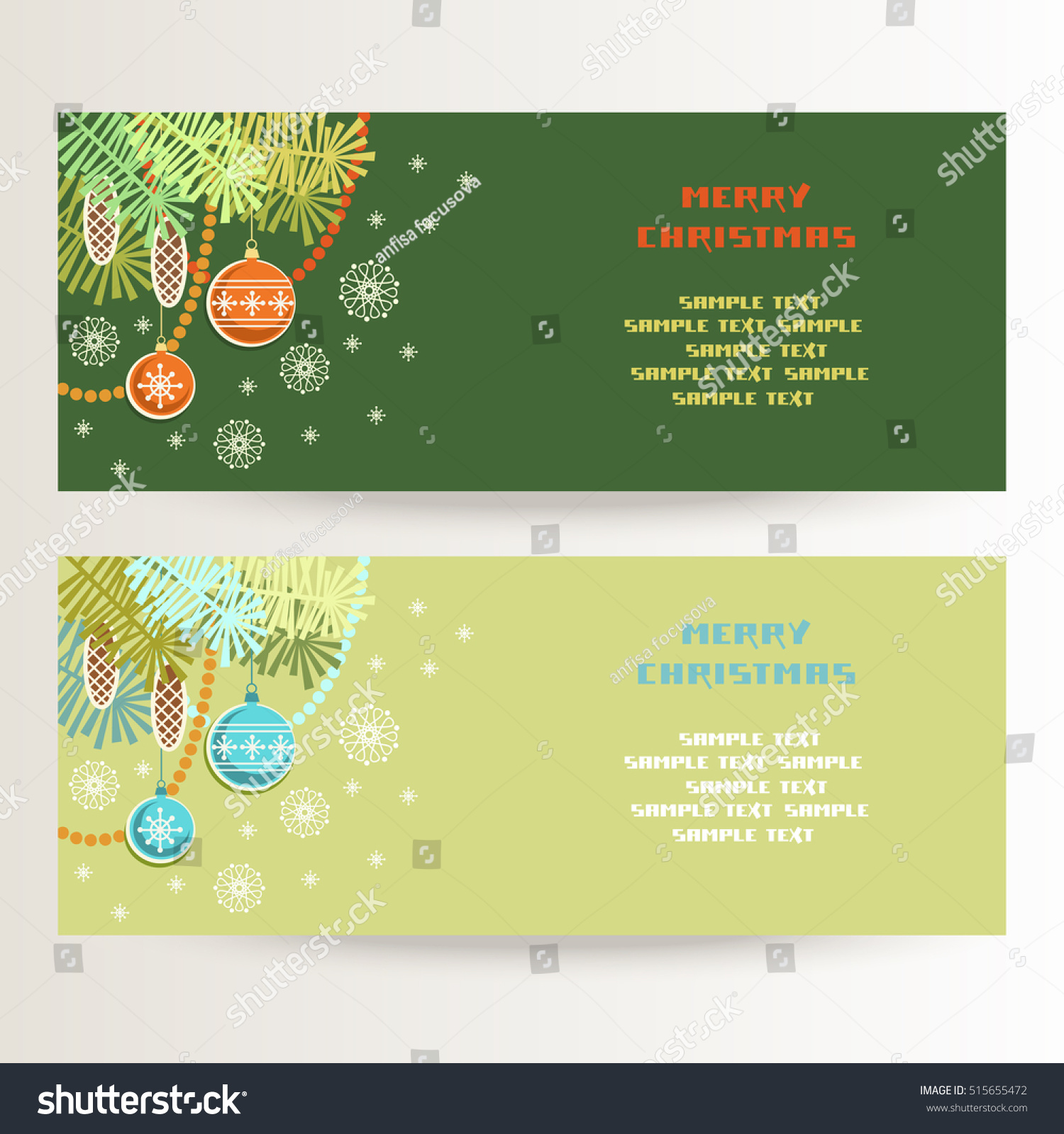 Set of Christmas banner with snowflakes and decoration Festive green template with text box for