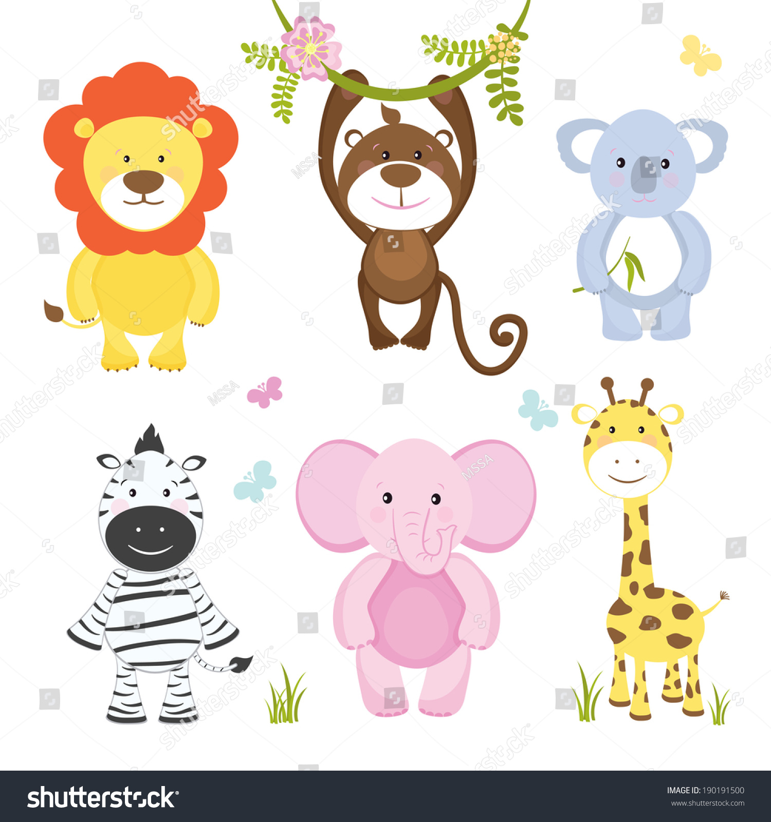 Set Of Cute Cartoon Wild Animals With A Monkey Hanging From A Branch ...