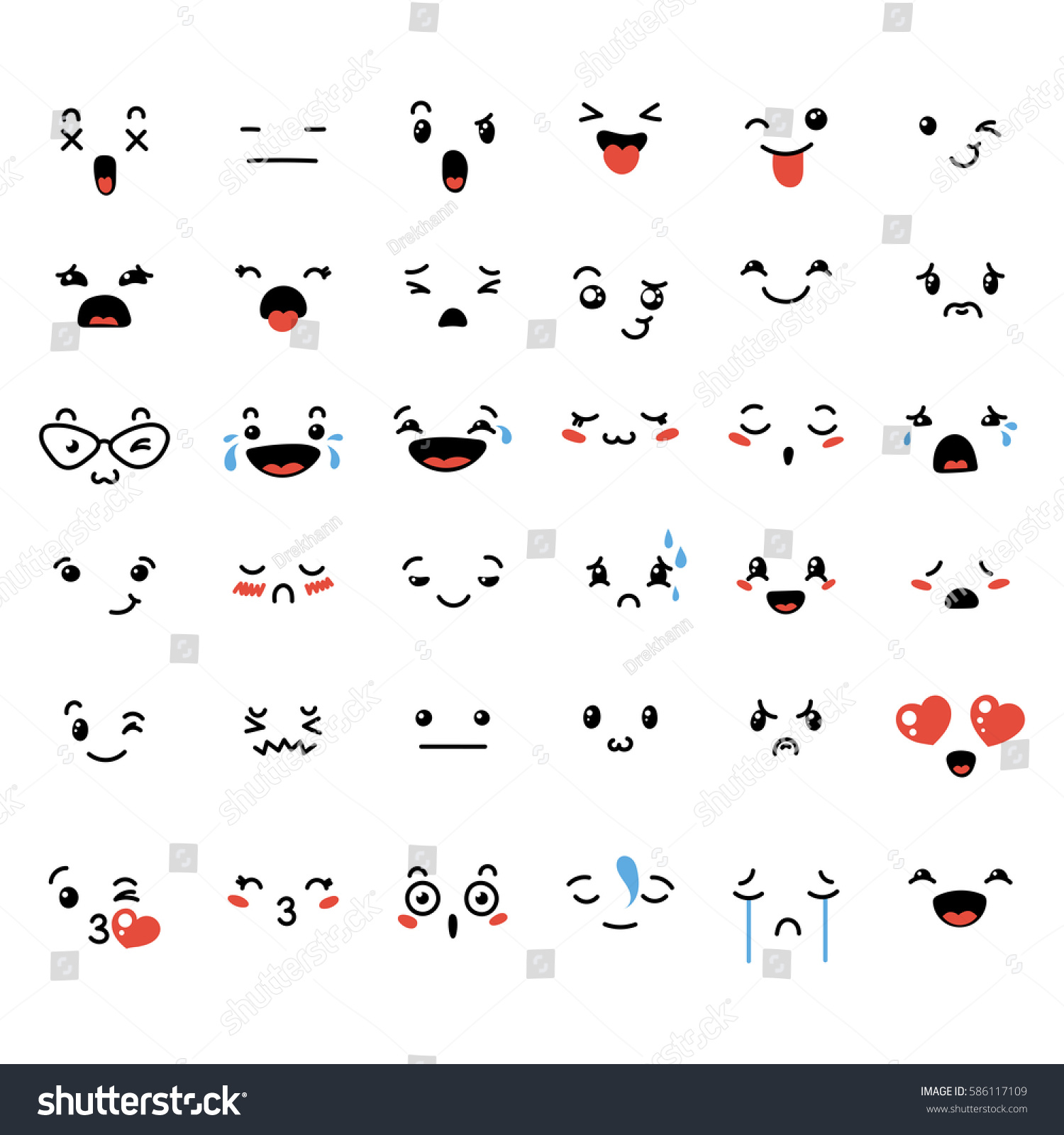 Set Cute Lovely Kawaii Emoticon Doodle Stock Illustration