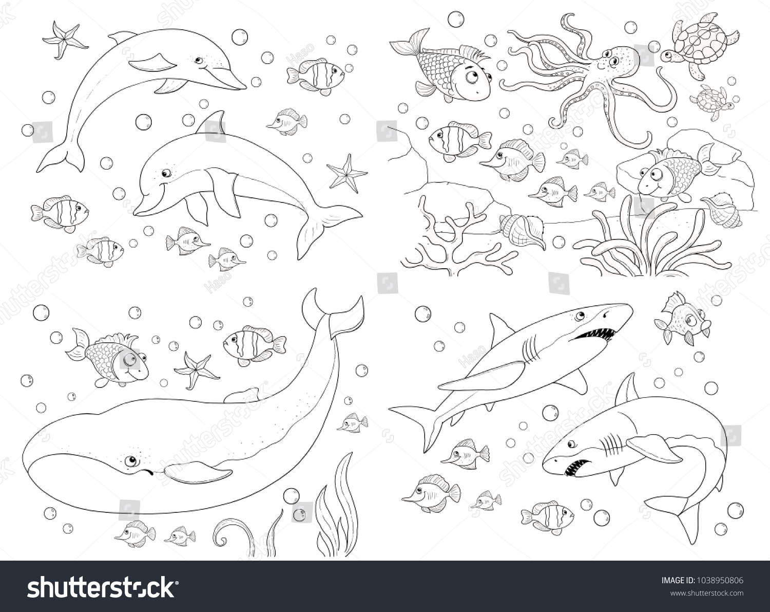 Set Cute Sea Animals Ocean Coloring Stock Illustration 20 ...