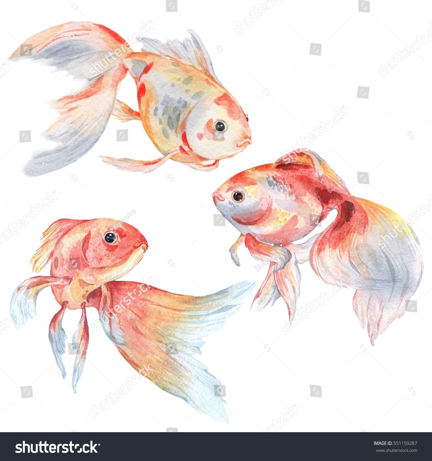 Set Gold Fishes Watercolor Painting Handmade Stock Illustration 551159287