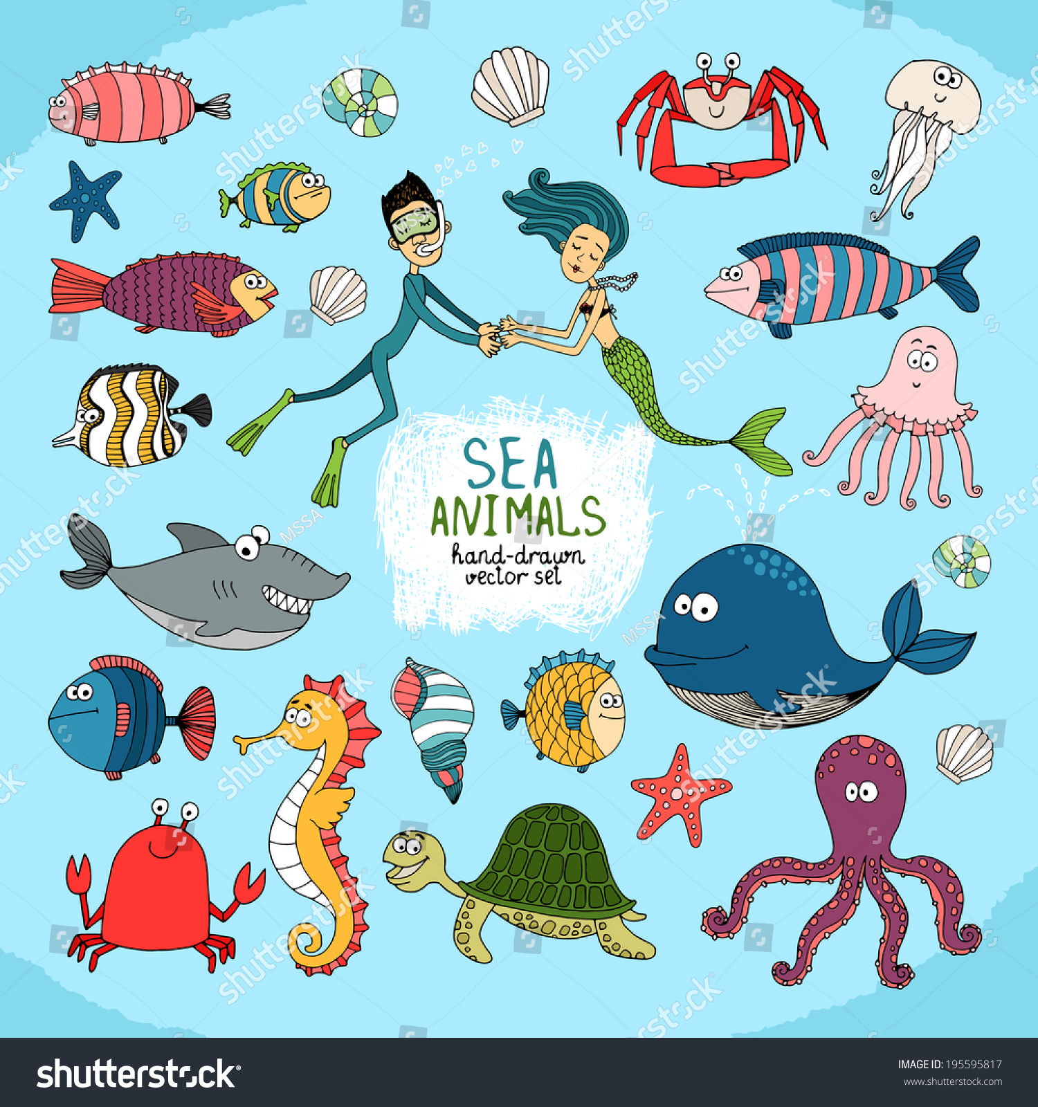 Set Of Hand-Drawn Cartoon Sea Life With A Diver Mermaid Assorted ...