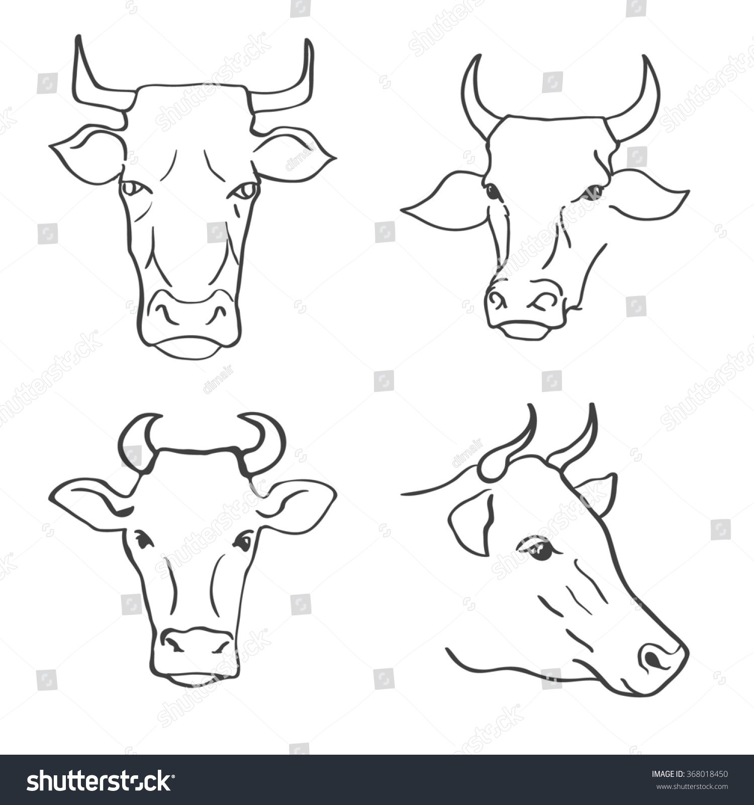 Set Of Hand Drawn Cow Heads Illustration - 368018450 : Shutterstock