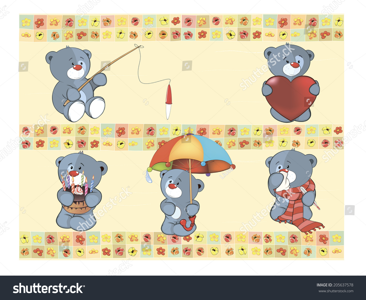 Set Of Small Bears On Wallpaper Stock Photo 205637578 : Shutterstock