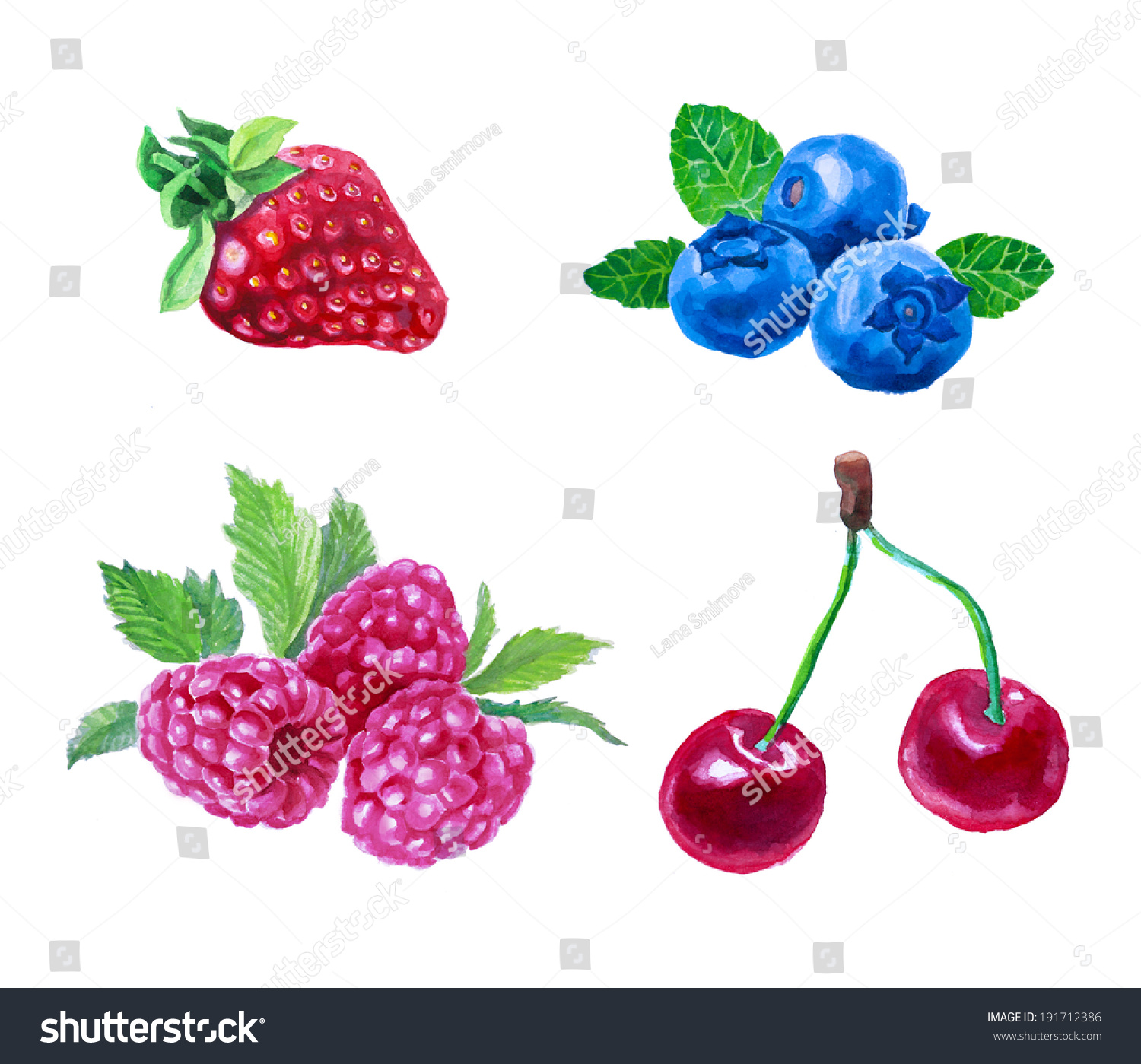 Set Watercolor Berries Strawberry Cherry Blueberry Stock Illustration 