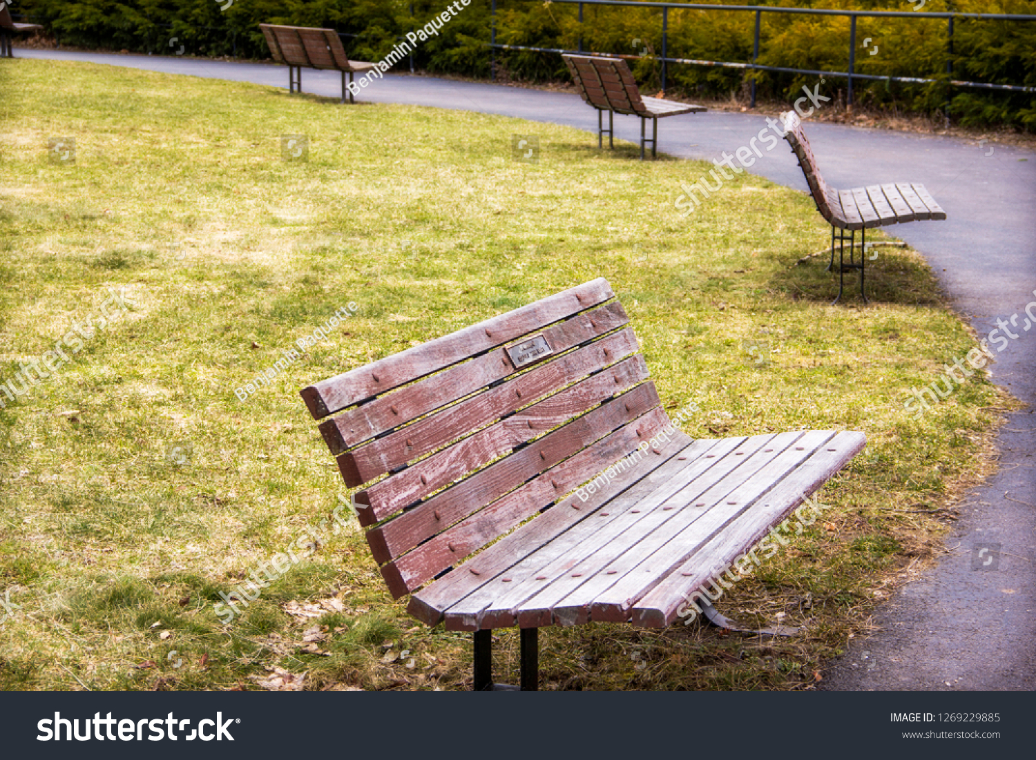 Set Wooden Park Benches Highland Park Stock Photo Edit Now