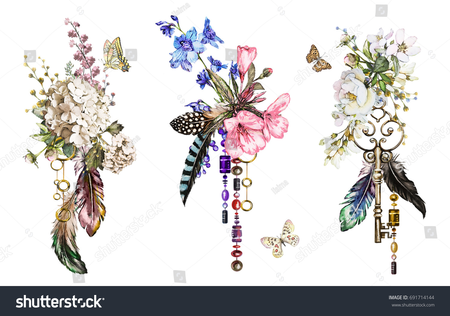 バラやその他の花 鍵 羽を使った水彩イラストをセットします 花 宝飾品 蝶々のある部族の背景 Tシャツ 山の花 タトゥーにかっこいい印刷 ビンテージ の イラスト素材