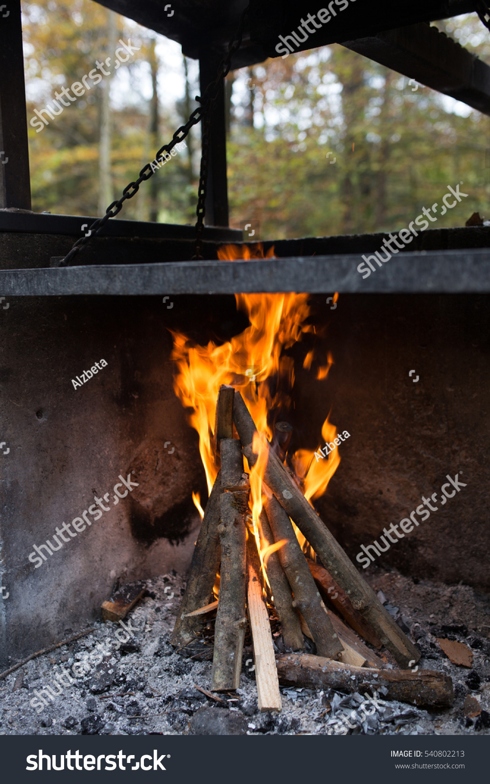 Setting Fire Outdoor Fireplace Preparing Barbeque Royalty Free