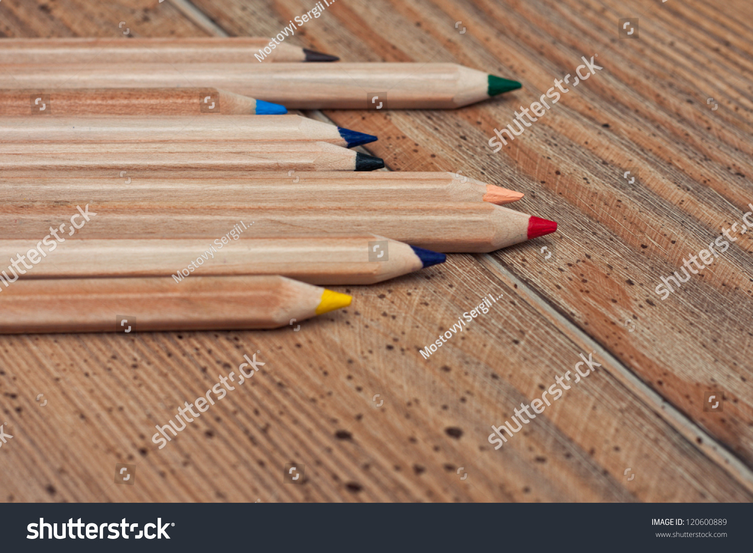 Several Multicolored Pencils On A Wooden Desk Stock Photo 120600889 ...