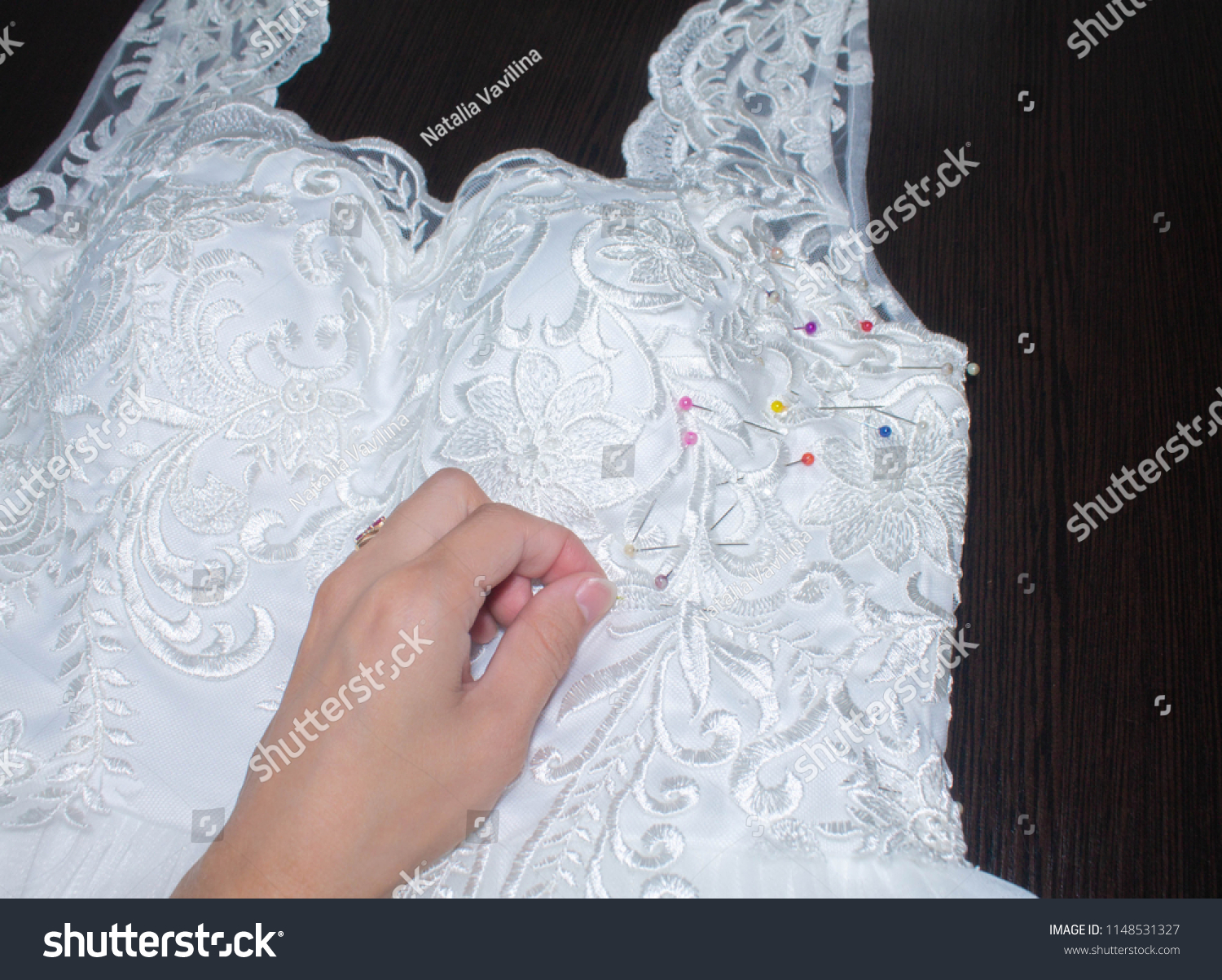 Sewing Wedding Dress Hand Seamstress Holding Stock Photo Edit Now