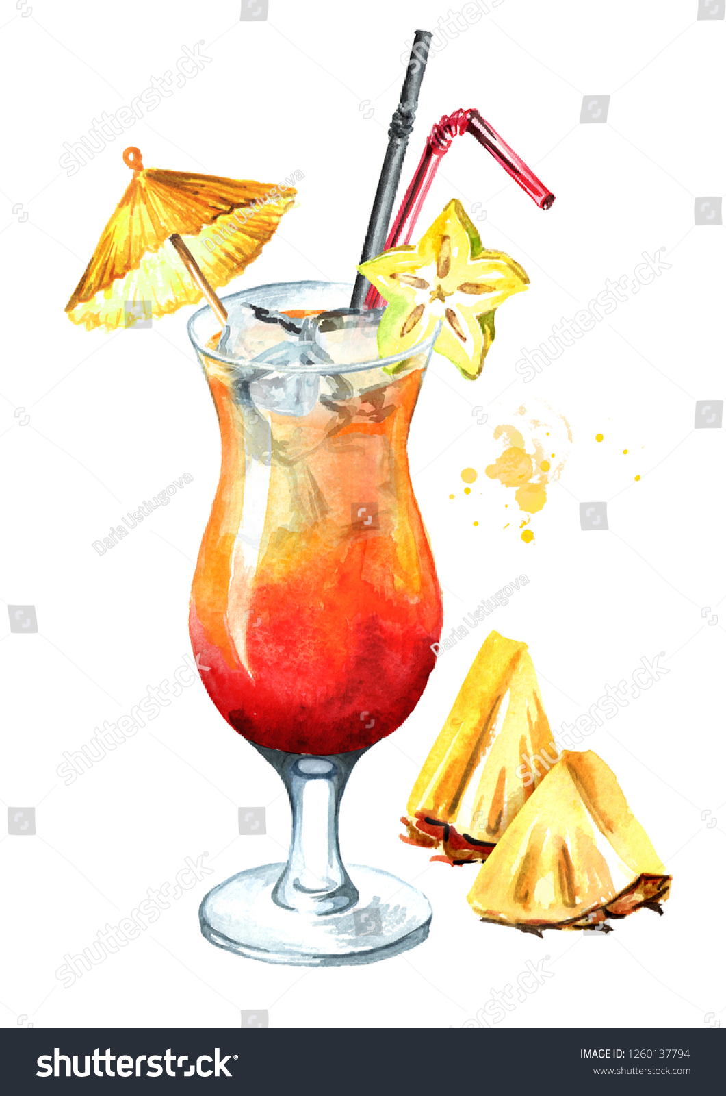 Sex On Beach Cocktail Watercolor Hand Stock Illustration 1260137794 6995