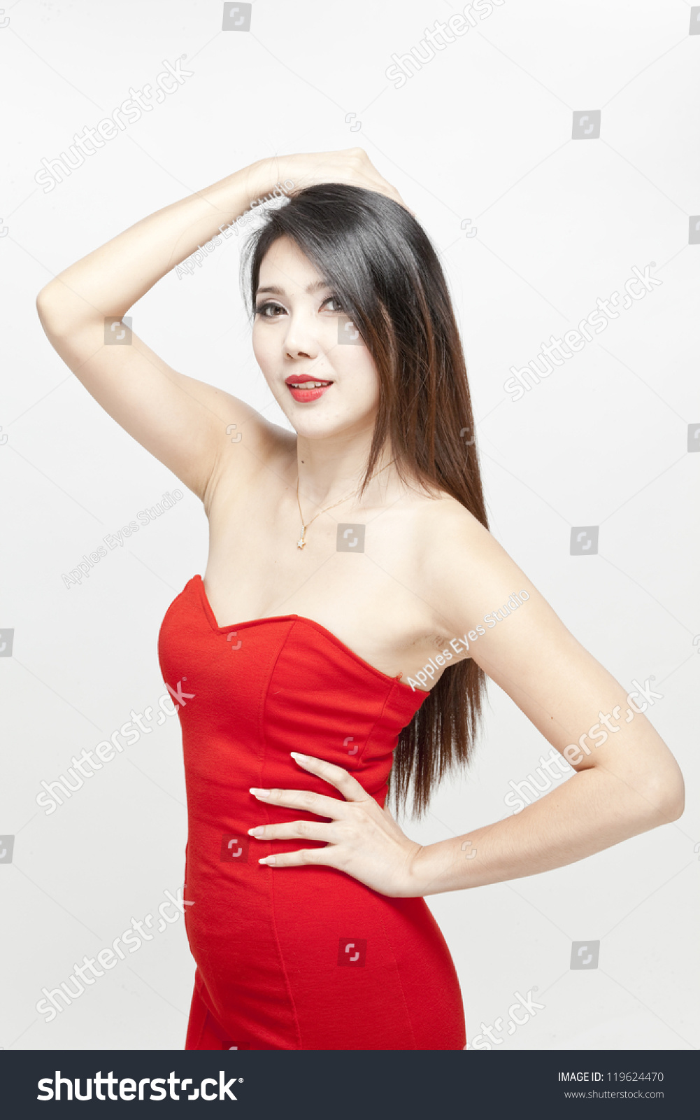 Sexy Asian Woman Red Dress Foto De Stock 119624470 Shutterstock