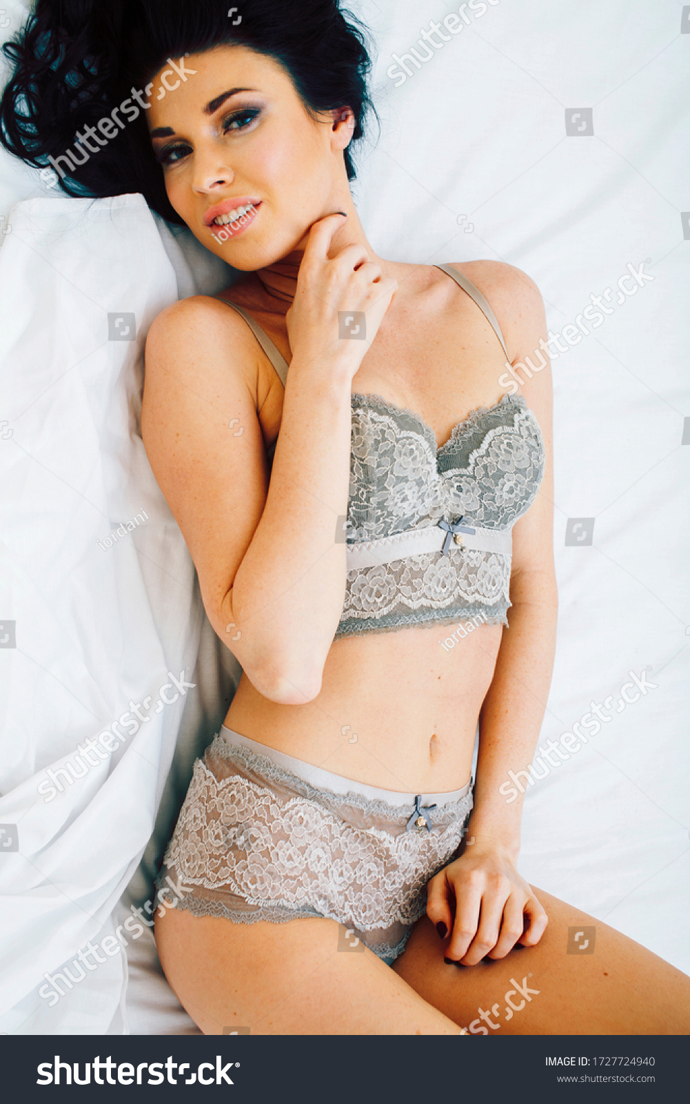 Sexy Beautiful Brunette Woman Lying Bed Shutterstock
