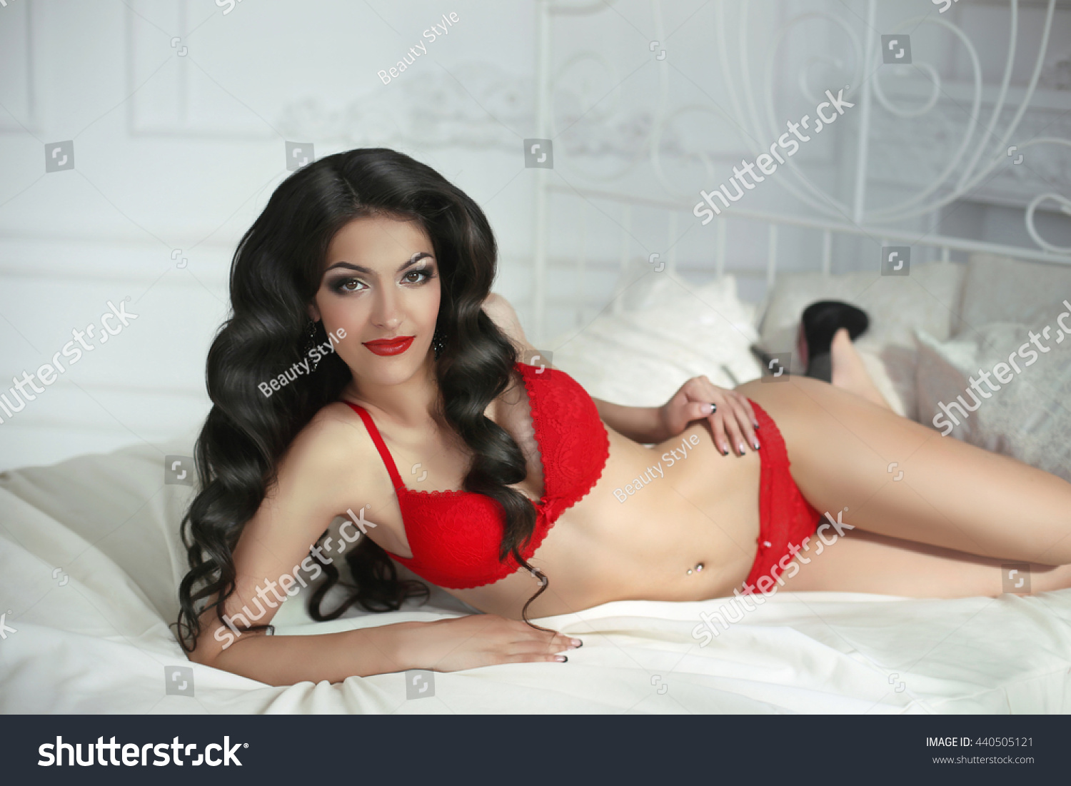 Sexy Beautiful Brunette Woman Lying White Shutterstock
