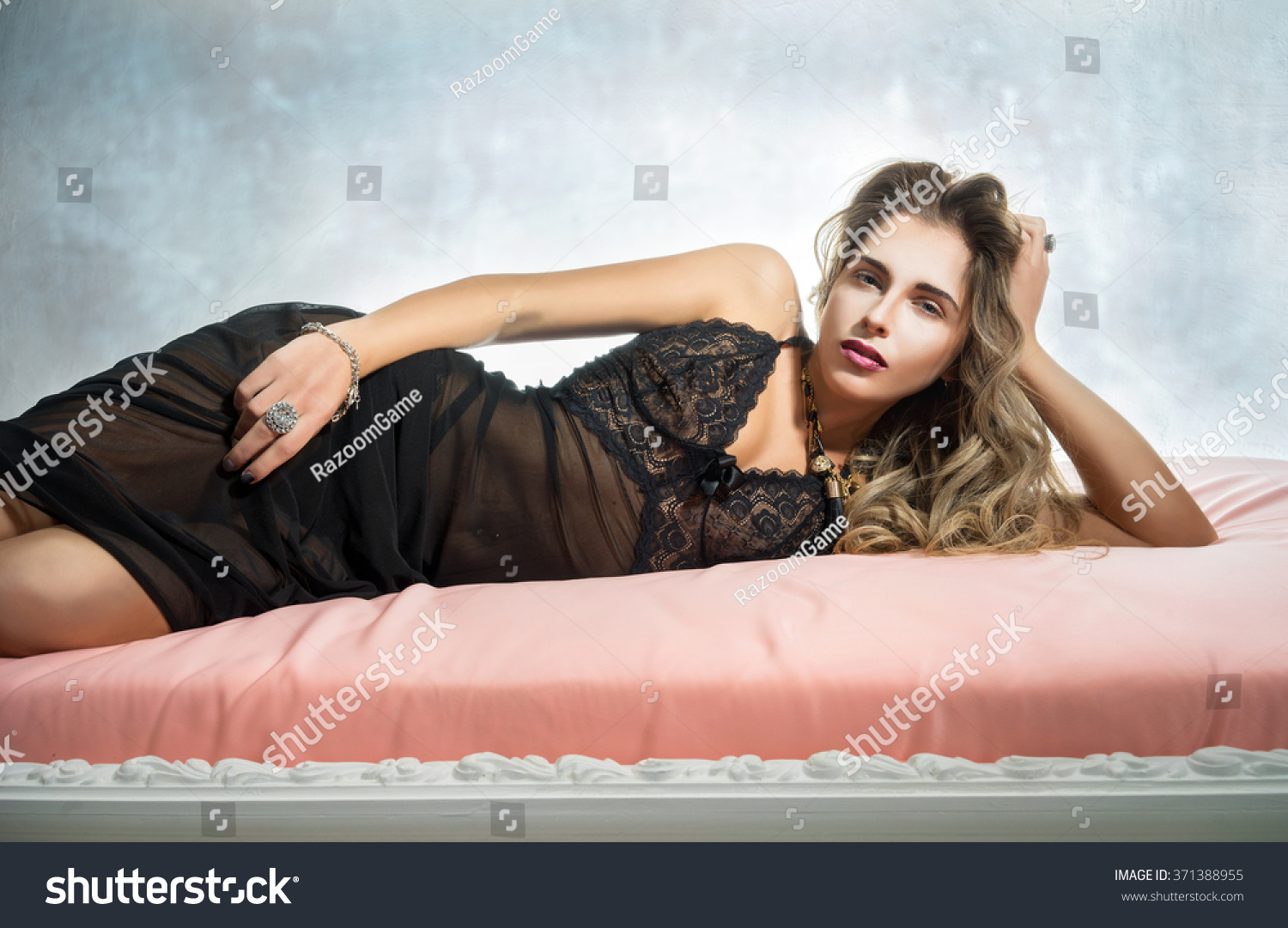 Sexy Blonde Woman Black Lingerie Lying Shutterstock