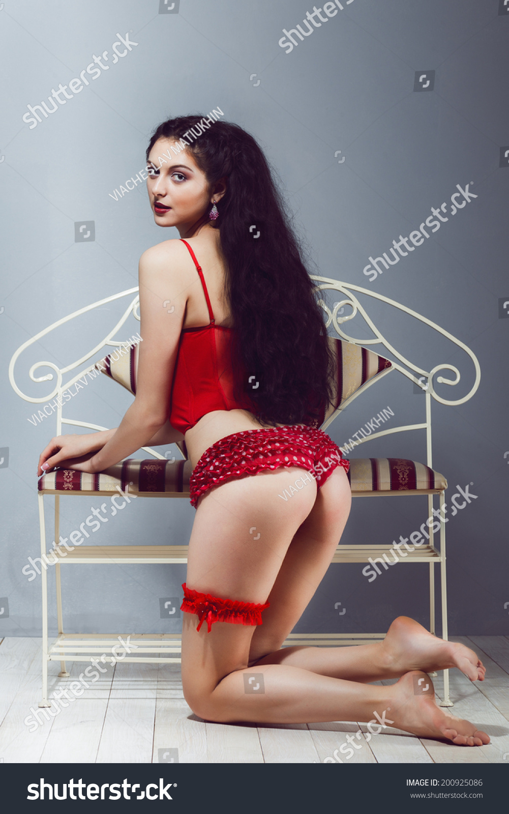 Brunette in lingerie ass Sexy Brunette Girl Kneeling Beside Bench Stock Photo Edit Now 200925086
