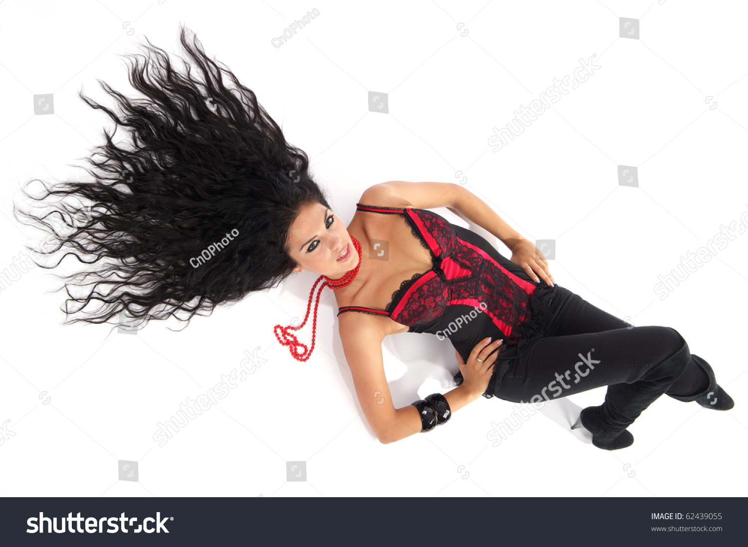 Sexy Brunette Red Corset Long Hair Stock Photo Edit Now 62439055